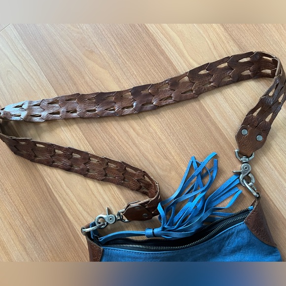 Laggo Blue Leather Crossbody Bag Whipstitch Pocket Boho Hobo Shoulder - Picture 8 of 16